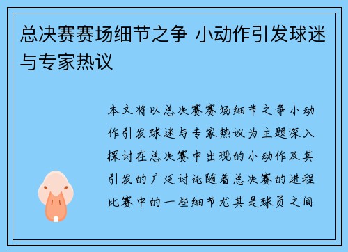 总决赛赛场细节之争 小动作引发球迷与专家热议