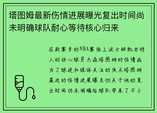 塔图姆最新伤情进展曝光复出时间尚未明确球队耐心等待核心归来